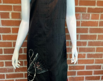 Vintage black silk shift with hand painted detail lbd