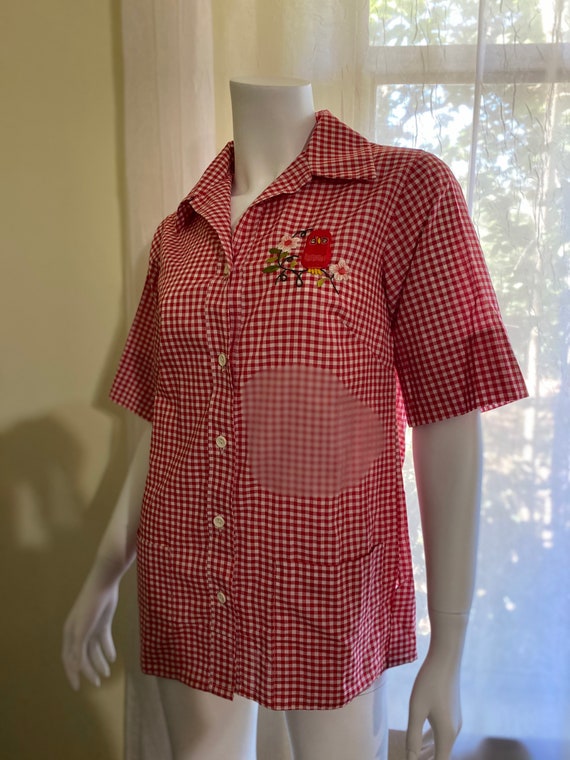 Vintage gingham blouse owl and floral appliqué em… - image 2