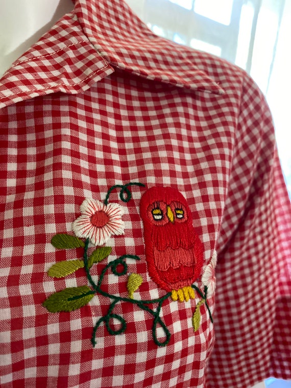 Vintage gingham blouse owl and floral appliqué em… - image 1