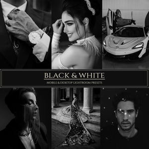 May include: A collection of black and white images featuring a couple, a car, and a woman in a traditional Indian outfit. The images are presented as a set of Lightroom presets for mobile and desktop.