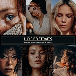 Puede incluir: Una colección de ajustes preestablecidos de Lightroom para dispositivos móviles y de escritorio, llamada "LUXE PORTRAITS". Los ajustes preestablecidos están diseñados para mejorar las fotos de retrato y darles un aspecto lujoso.