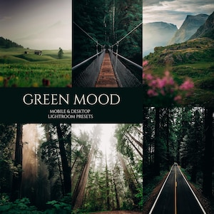 Może przedstawiać: Zbiór presetów Lightroom o nazwie "Green Mood" dla urządzeń mobilnych i komputerów stacjonarnych. Presety zostały zaprojektowane w celu wzmocnienia zielonych tonów na zdjęciach, tworząc nastrojowy i atmosferyczny wygląd. Obrazy pokazują przykłady zastosowania presetów do różnych krajobrazów, w tym lasów, gór i mostów.