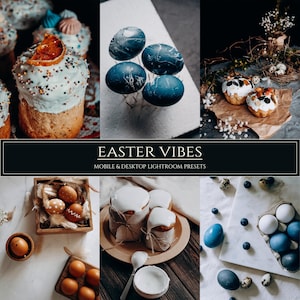 May include: A set of digital filters for mobile and desktop Lightroom, featuring a pastel color palette and Easter-themed imagery. The filters are designed to enhance photos with a soft, dreamy aesthetic.