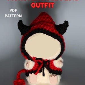 May include: A crocheted doll outfit in red, black, and white, designed to resemble a devil. The outfit includes a hood with horns, a vest, and a tail. The text "MONSTER DOLL DEVIL OUTFIT", "PDF PATTERN", and "DIGITAL DOWNLOAD" are displayed.