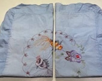 Hand Embroidered Vintage Pale BLUE Cotton Scalloped Pillow SHAMS Handmade