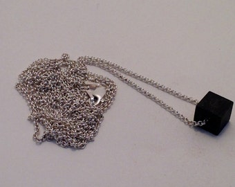 THE CUBE Silver Oxidized Bead Charm Long Chain Vintage New Reproduction