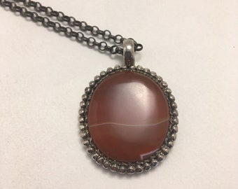 Vintage AGATE Made in FRANCE Large Oval Pendant with Oxidized Cable Chain