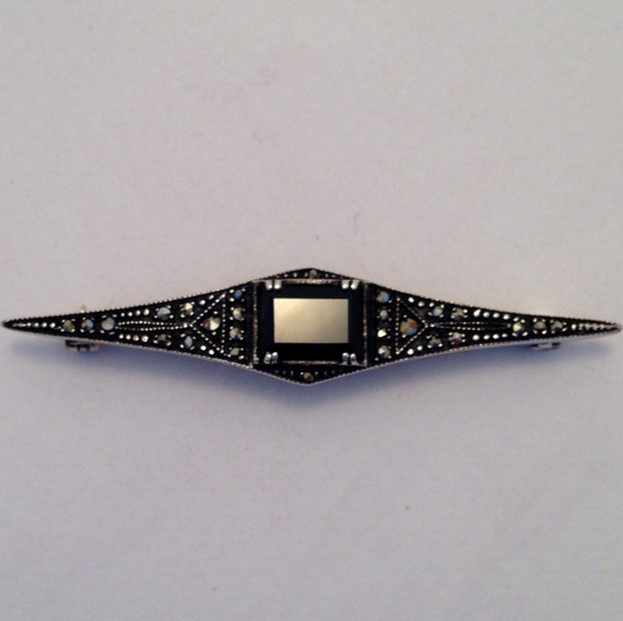 GOTHIC Vintage Brooch with Onyx and Marcasite Ste… - image 1