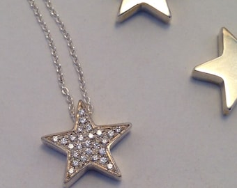 Solid Sterling Silver Pave Star Necklace Cubic Zirconia Handmade Bling