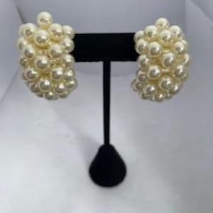 Vintage Faux PEARL Clip on Earring Chunky Half Hoop