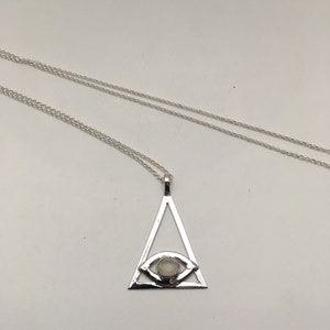 Triangle EYE Glass Cabochon Pendant Super Long Chain Vintage Illuminati AS-IS