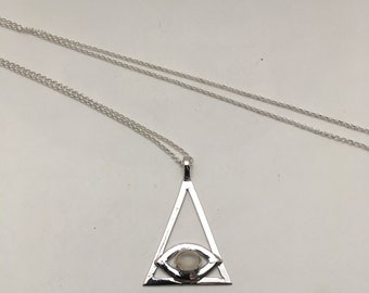 Triangle EYE Glass Cabochon Pendant Super Long Chain Vintage Illuminati AS-IS