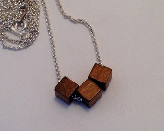 Three Wooden Cube Bead Necklace Long Silver Chain