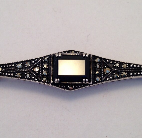 GOTHIC Vintage Brooch with Onyx and Marcasite Ste… - image 2