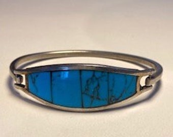 Vintage TAXCO Silver Turquoise Inlay Bangle Bracelet Mexico