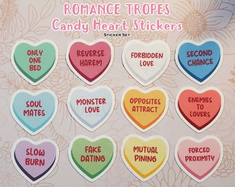 Romance Tropes Candy Heart Vinyl Sticker Pack | Valentines Heart Sticker, Fanfic Tropes, Bookish, Book Lover Gift