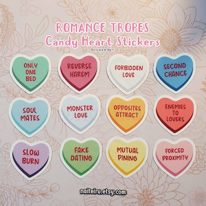 Romance Tropes Candy Heart Vinyl Sticker Pack | Valentines Heart Sticker, Fanfic Tropes, Bookish, Book Lover Gift