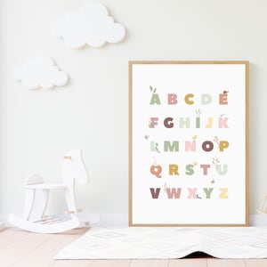 Póster imprimible del alfabeto de la naturaleza, arte de pared para guardería de niña, impresión para habitación de bebé, decoración de sala de juegos, póster del alfabeto para niños, imprimibles de aprendizaje temprano