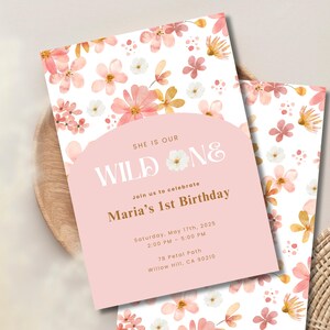 Wildflower First Birthday Invitation, Girl Wild One Birthday Invite, Girl 1st Birthday Template, Boho Flower Birthday Invite Editable, Canva