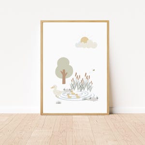 Decoración de pared para guardería, estanque de patos, decoración neutra para habitación de bebé, póster para niños, impresión, regalo para baby shower para niño o niña, ilustración imprimible