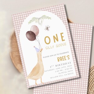 One Silly Goose First Birthday Invitation Template, Goose 1st Birthday Invite, Editable One Silly Goose Invite, Pink Floral Girls Invitation