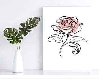 Elegant Blush Rose Line Art | Printable Floral Wall Art | Minimalist Botanical Print | Modern Rose Illustration | Instant Download Decor