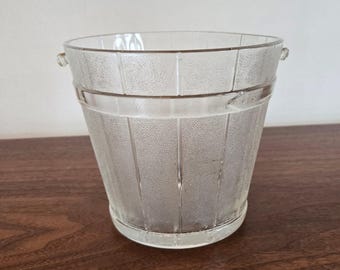 Vintage Anchor Hocking Glass Ice Bucket with Faux Wood Barrel Design
