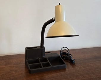 Vintage Retro Gooseneck Desk Lamp with Brown Plastic Organizer Tray Base