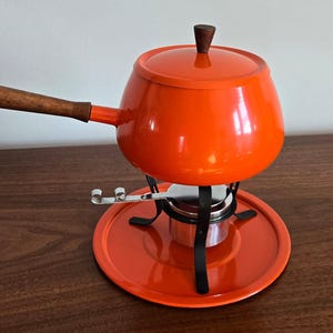 Vintage Orange Enamel Fondue Set, Wood Handle, 1970s
