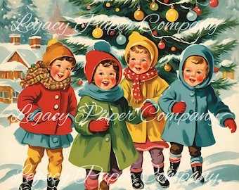 Nostalgic MCM 1950s Children at Christmas clipart set