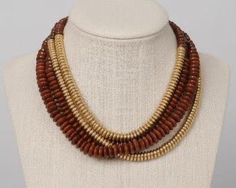 Boho chunky beaded necklace in brown and gold tones bold earthy jewelry for women tribal statement design natural artisan necklace