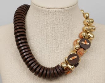 Statement Boho Wood Beaded Necklace with Gold Accents Chunky Handmade Brown Necklace for Women Tribal Unique Fashion Festival Jewelry