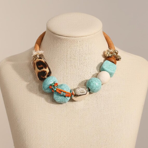 Handmade boho statement necklace with turquoise beads and brown cord bold chunky jewelry with gold tone accents summer beach necklace