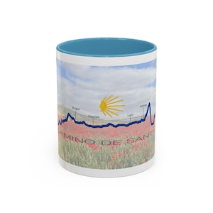 Tasse à café, vue en élévation de la carte du chemin de Saint-Jacques-de-Compostelle, Espagne, pèlerinage, voyage, aventure, amateur de plein air, cadeau pour les randonneurs