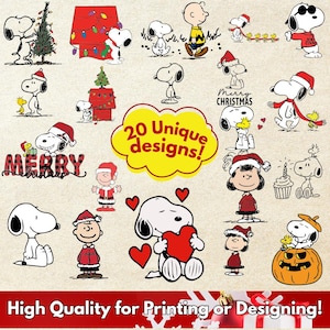 May include: A selection of 20 unique Snoopy designs, featuring Snoopy in various festive scenes, including Christmas and Valentine's Day. The designs are in black and white with red accents, and the text "Merry Christmas" is also included.