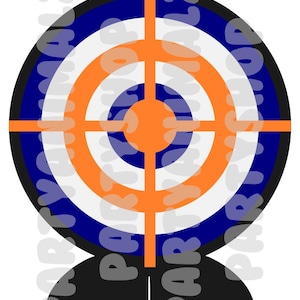 以下が含まれることがあります： 白、オレンジ、青の同心円を持つ円形のターゲットデザイン。黒い背景に配置されています。ターゲットはオレンジ色の十字線デザインで、オレンジ色の中心があります。さまざまな用途に適しています。