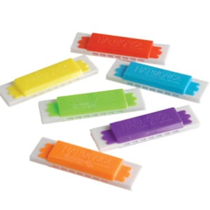 May include: A selection of brightly coloured harmonicas in red, yellow, green, blue, purple, and orange. Each harmonica has a white base and the word "HARMONICA" printed on the top in white.