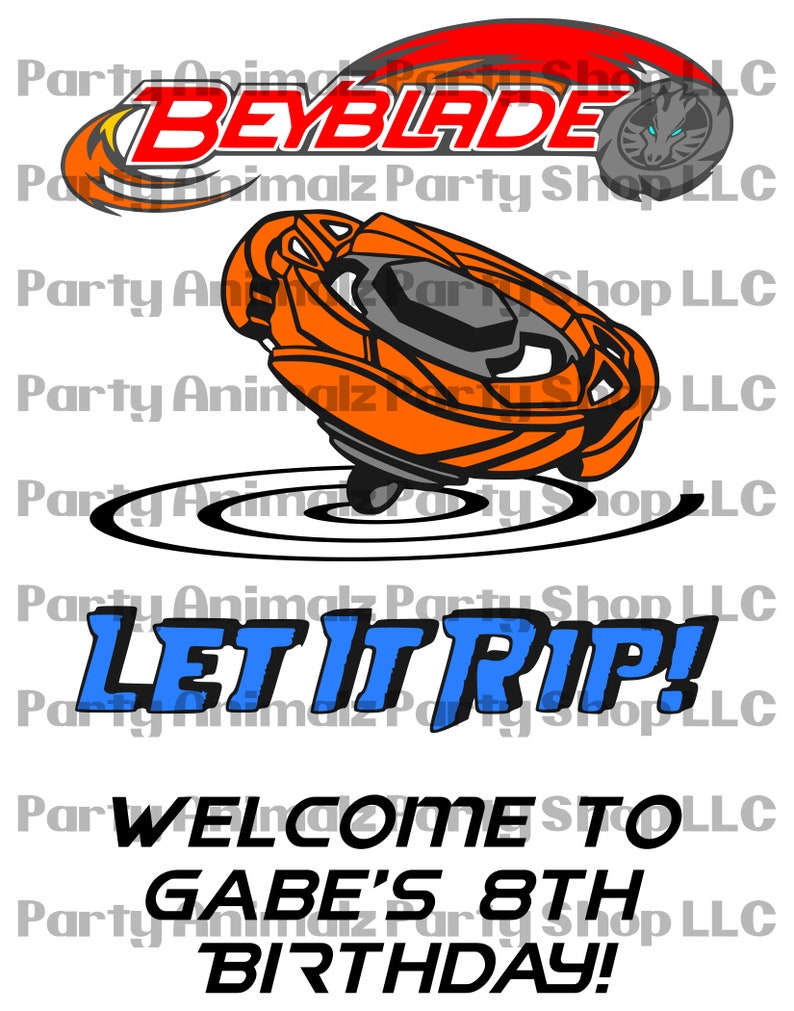 Pode incluir: Um convite para uma festa de anivers&aacute;rio com uma imagem de desenho animado de um pi&atilde;o com as palavras "Let It Rip!" e "Bem-vindo ao 8&ordm; anivers&aacute;rio do Gabe!"