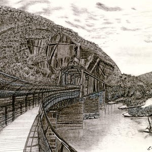 Fine Art Limited Edition Signed Print. Original Black and White Charcoal Drawing Bridge National Historic Park Detailed Drawing.