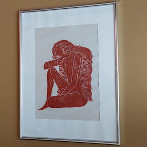 長い髪の女性：印刷物、絵画、芸術、室内装飾、描画、リノカット、リノ印刷、視覚芸術