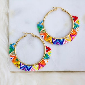 Geometric Beaded Hoop Earrings - Rainbow