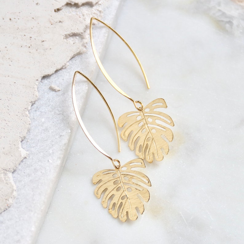 Monstera Leaf Drop Earrings Gold image 2