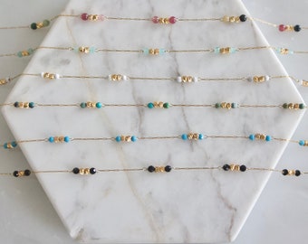 Round Gemstone Beaded Chain Necklace - Amazonite, Tourmaline, Turquoise, Obsidian, White Turquoise