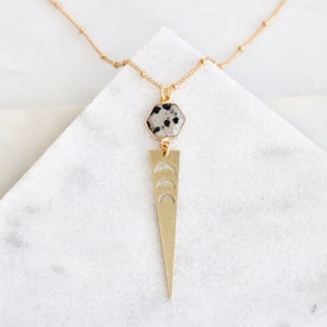 Dalmatian Jasper and Brass Moon Phase Triangle Long Necklace