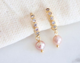 Zircon Freshwater Pearl Huggie Earrings - Blush