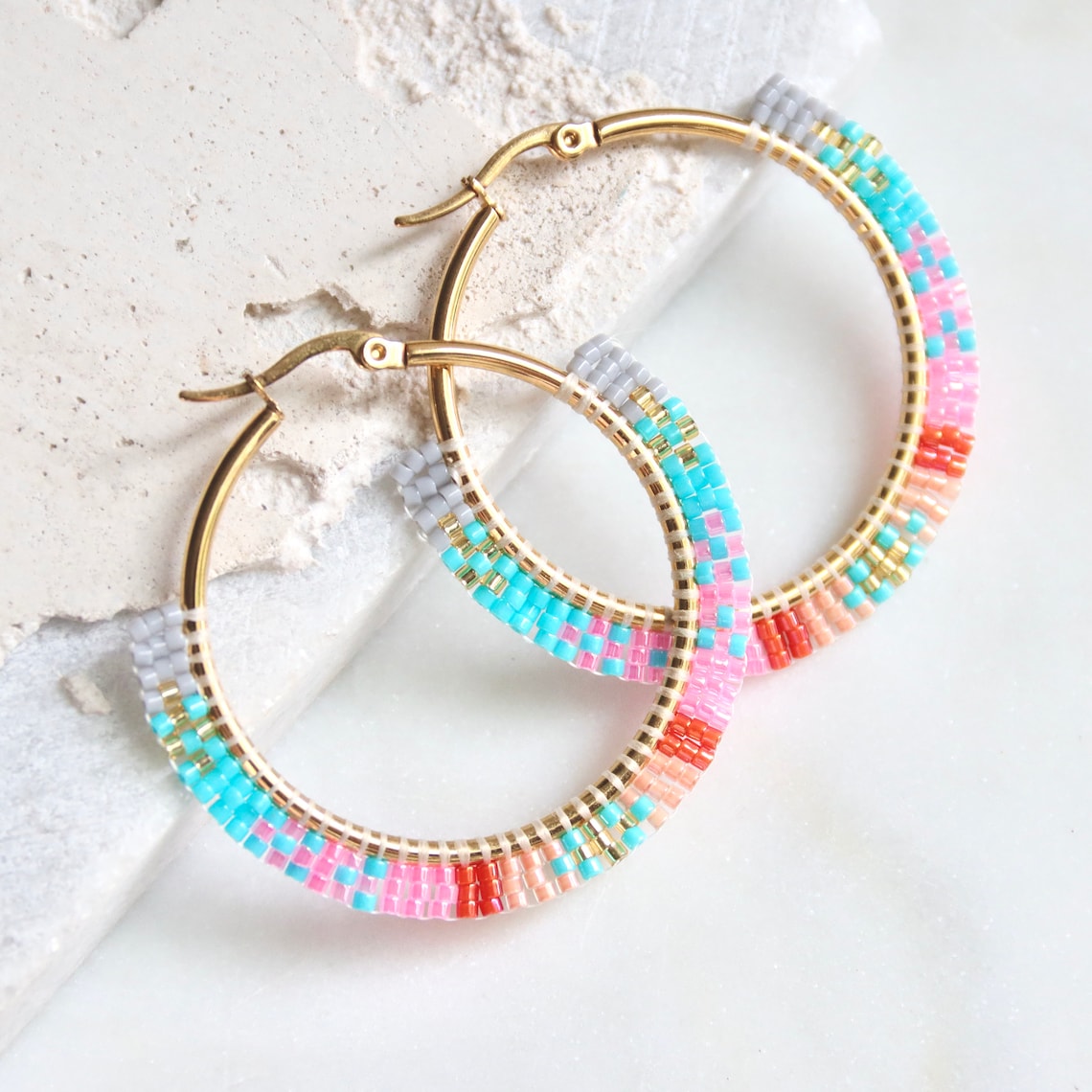 Geometric Beaded Hoop Earrings Pastel - Etsy