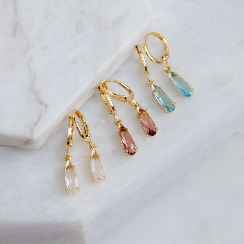 Crystal Teardrop Huggie Earrings Clear Etsy