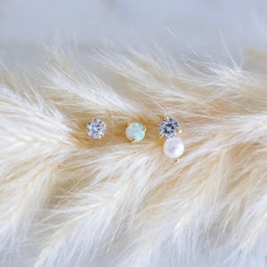 Opal, Pearl, and CZ Trio Set Earrings - Hypoallergenic, Sterling Silver