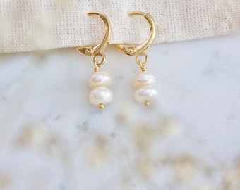 Double Pearl Drop Huggie Earrings