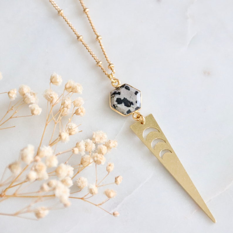 Dalmatian Jasper and Brass Moon Phase Triangle Long Necklace image 3